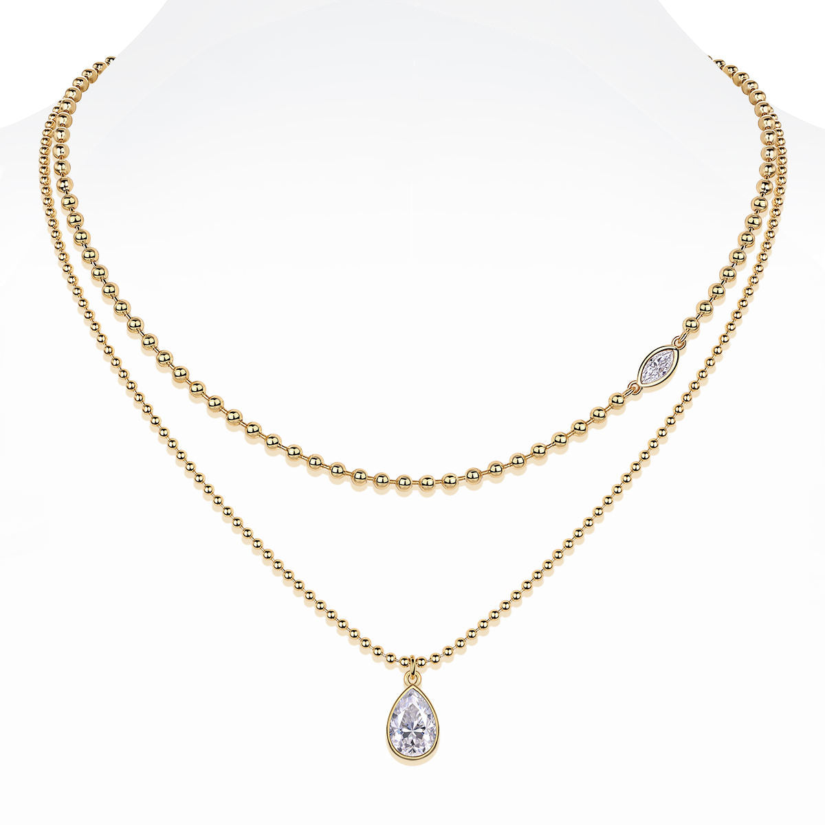 Gold Ball Chain Stacked Necklace with Moissanite Pear Drop