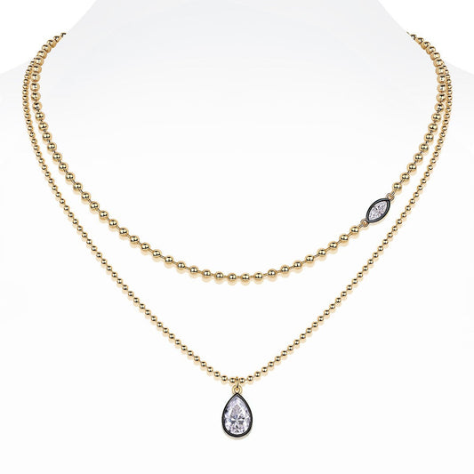 Gold Ball Chain Stacked Necklace with Moissanite Pear Drop