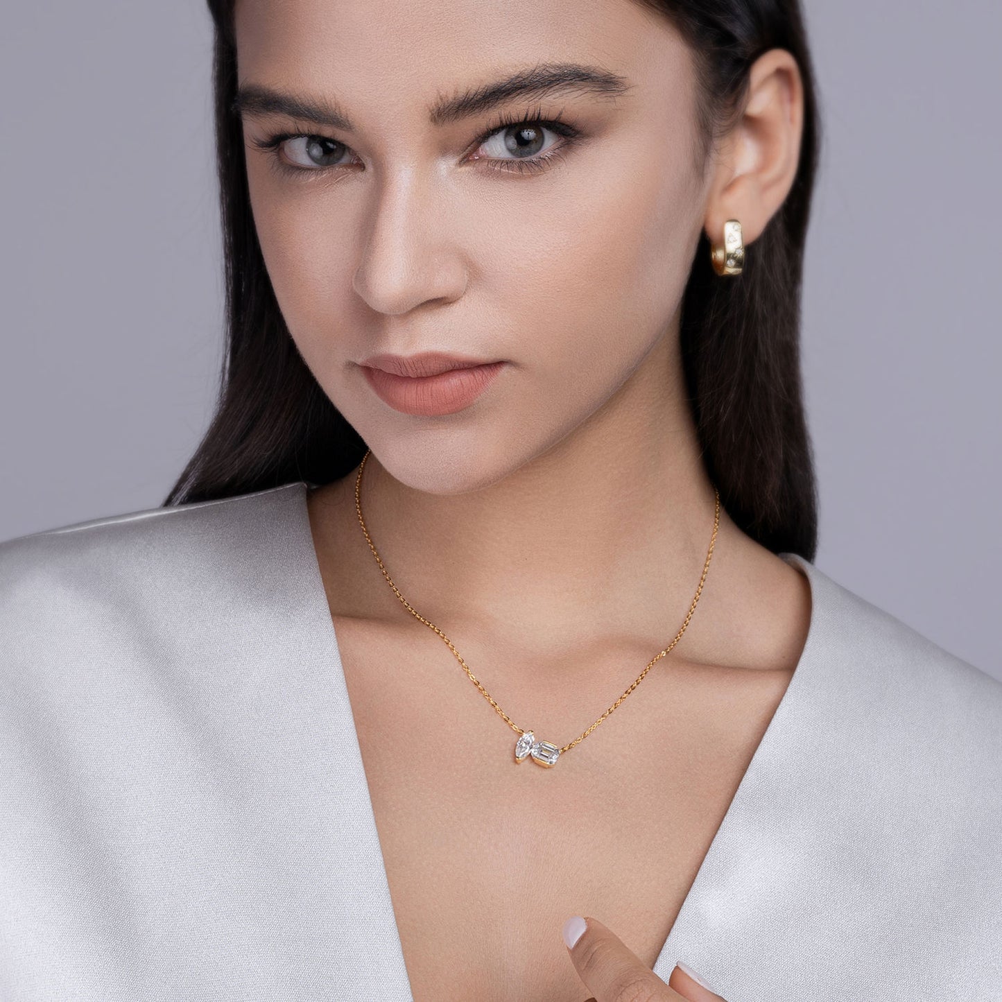 Gold Marquise & Emerald-Cut Moissanite Duo Necklace