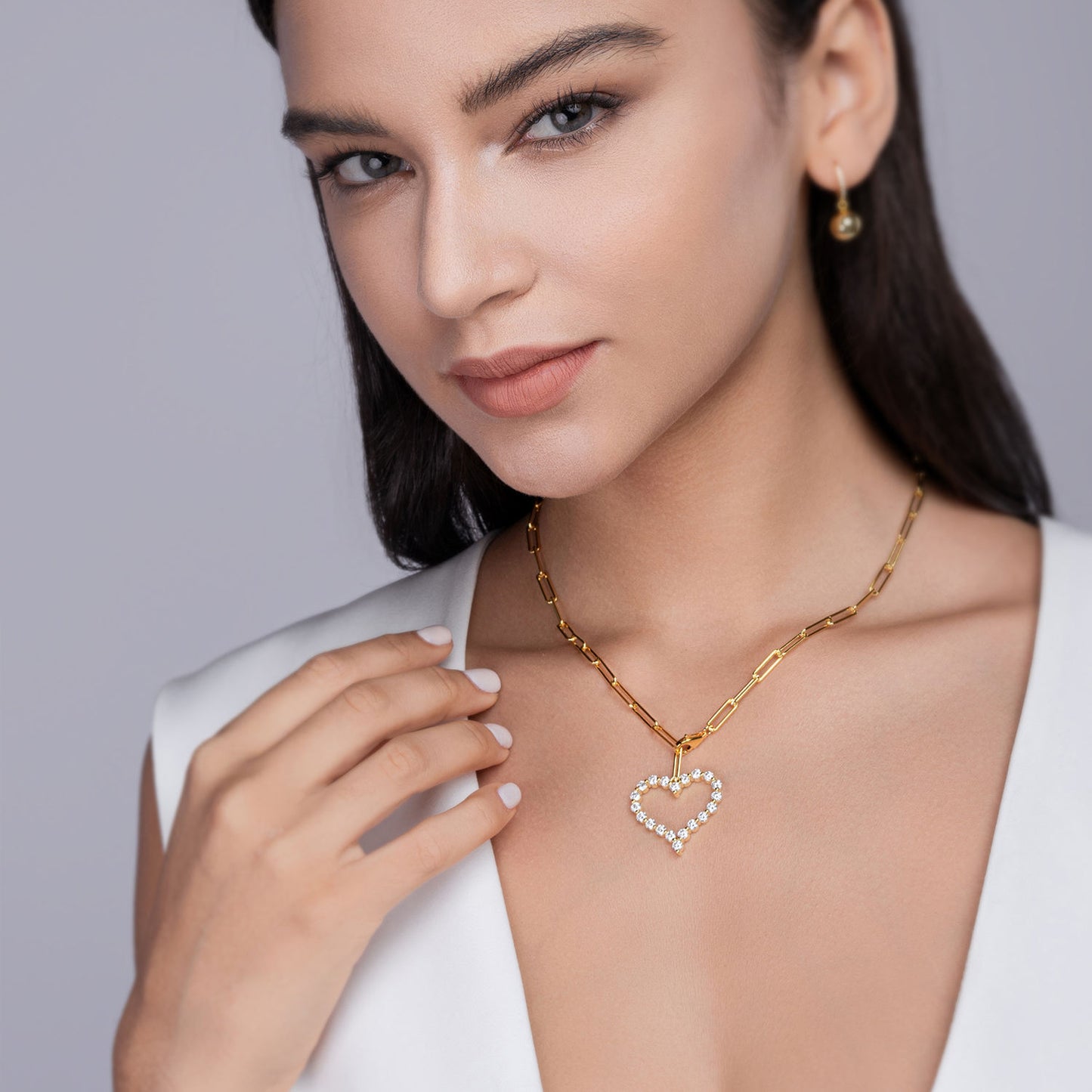 Gold Paper Clip Necklace with Moissanite Heart Charm