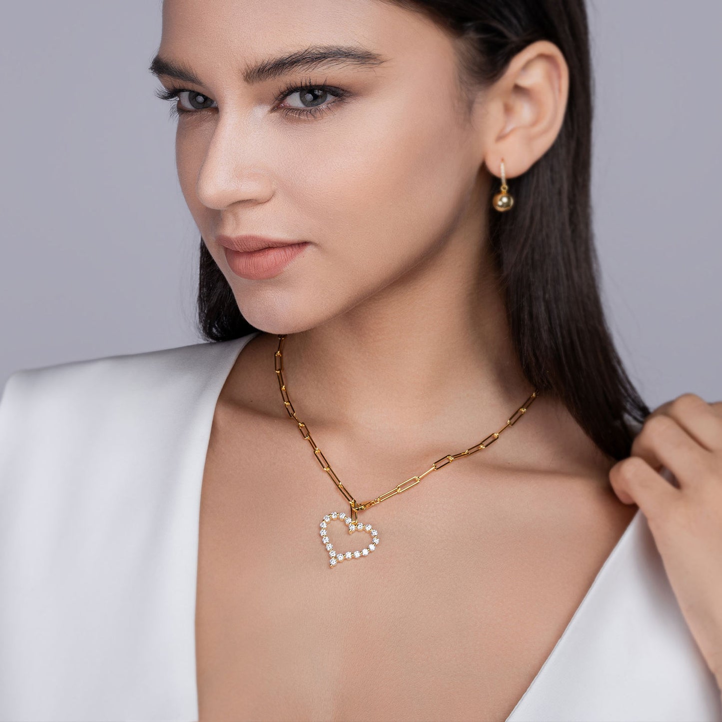 Gold Paper Clip Necklace with Moissanite Heart Charm