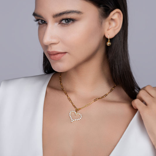 Gold Paper Clip Necklace with Moissanite Heart Charm