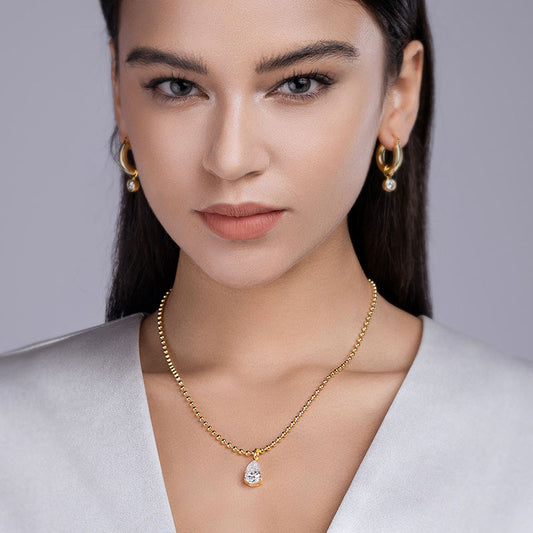 Gold Ball Chain Solitaire Drop Moissanite Necklace