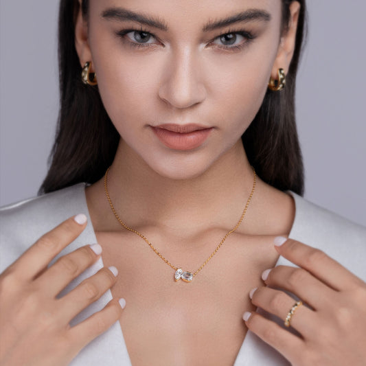 Gold Marquise & Emerald-Cut Moissanite Duo Necklace
