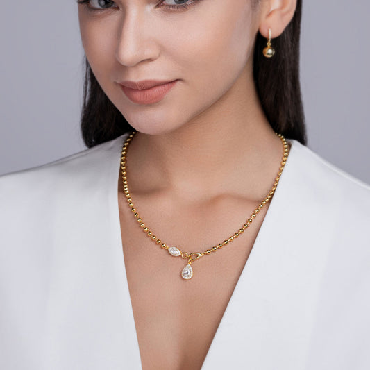 Gold Ball Chain Teardrop Moissanite Necklace