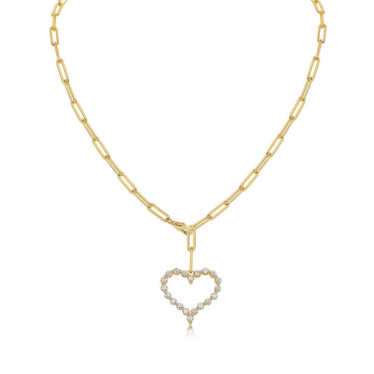 Gold Paper Clip Necklace with Moissanite Heart Charm