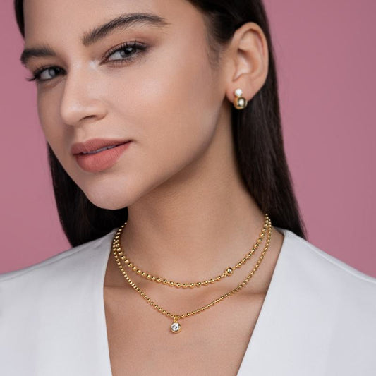 Gold Ball Chain Necklace with Round Moissanite Pendants