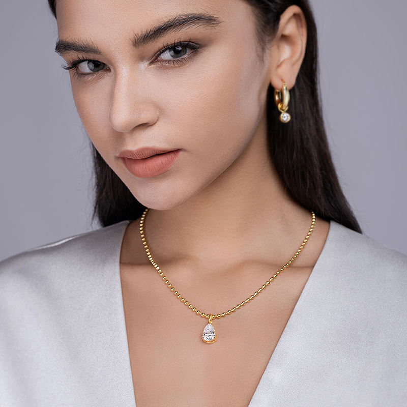 Gold Ball Chain Solitaire Drop Moissanite Necklace