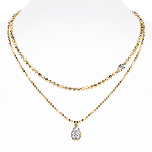 Gold Ball Chain Stacked Necklace with Moissanite Pear Drop