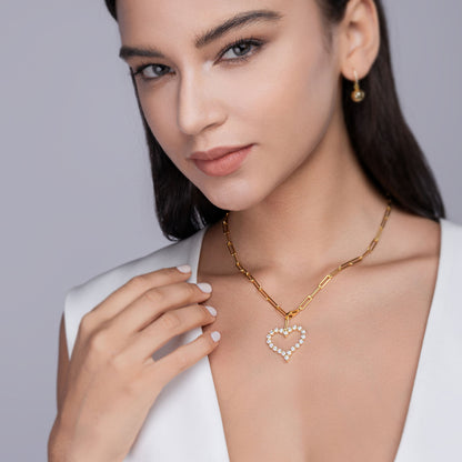 Gold Paper Clip Necklace with Moissanite Heart Charm