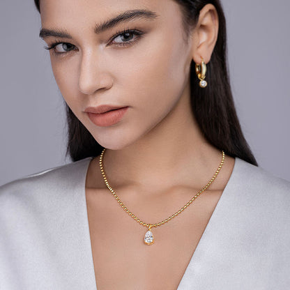 Gold Ball Chain Solitaire Drop Moissanite Necklace